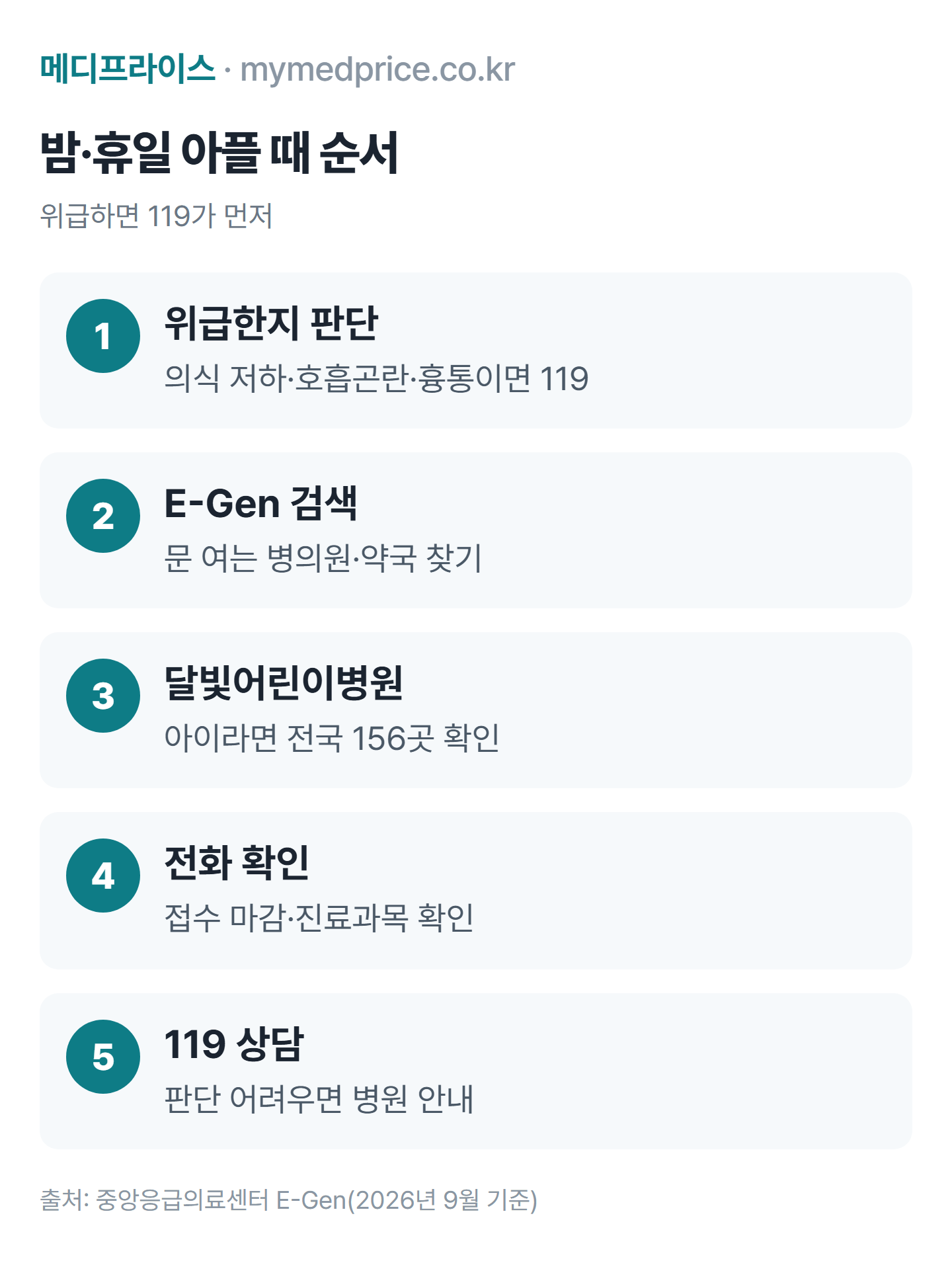 응급실 비용 줄이는 야간·휴일 병원 찾기 순서: 위급하면 119, E-Gen 검색, 달빛어린이병원 확인, 전화로 진료 확인, 방문