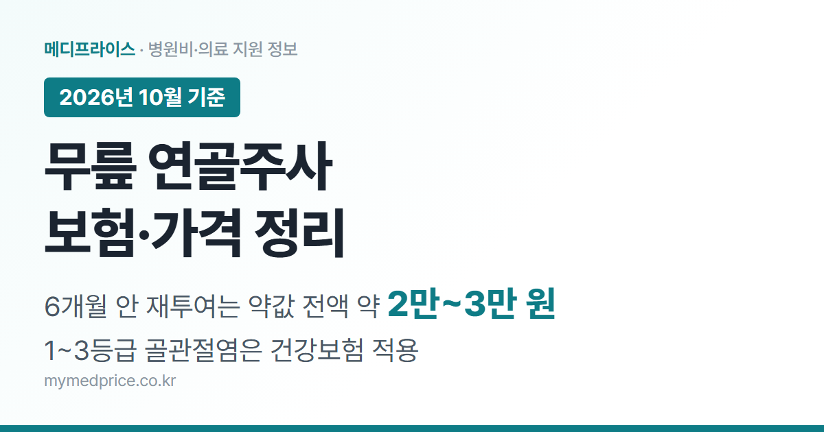 무릎 연골주사 2026 대표 이미지: 6개월 안 재투여 시 히알루론산 약값 전액 약 2만~3만 원, 1~3등급 무릎 골관절염은 건강보험 적용
